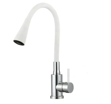 Смеситель для кухни Lemen гибкий излив на гайке высокий излив хром/белый LEMEN (арт. LA-9022W)