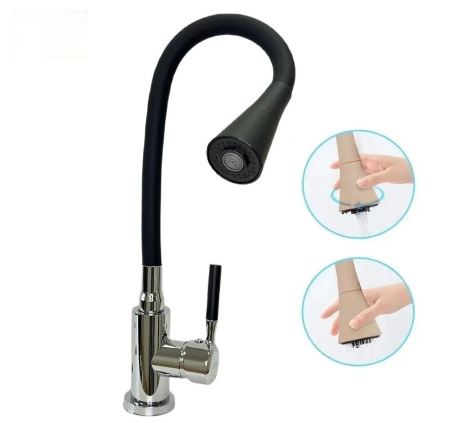 Смеситель для кухни Lemen гибкий излив на гайке высокий излив хром/чёрный LEMEN (арт. LA-9022E)