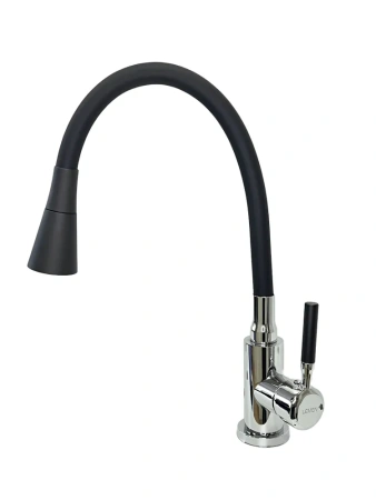 Смеситель для кухни Lemen гибкий излив на гайке высокий излив хром/чёрный LEMEN (арт. LA-9022E)