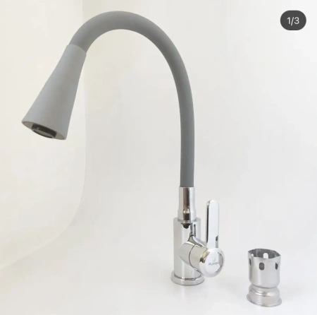 Смеситель для кухни Lemen гибкий излив на гайке высокий излив хром/серый LEMEN (арт. LA-9022H)