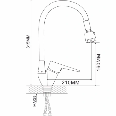 Смеситель для кухни однорычажный D-Lin гибкий излив хром/чёрный D-Lin (арт. D150303-1T)