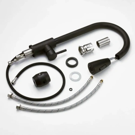 Смеситель для кухни Pursh однорычажный высокий излив с выдвижной лейкой на гайке чёрный Pursh (арт. R61300E)