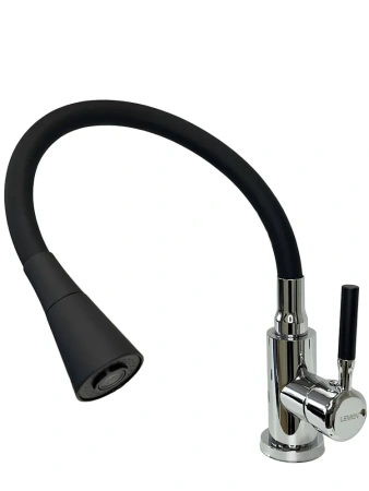 Смеситель для кухни Lemen гибкий излив на гайке высокий излив хром/чёрный LEMEN (арт. LA-9022E)